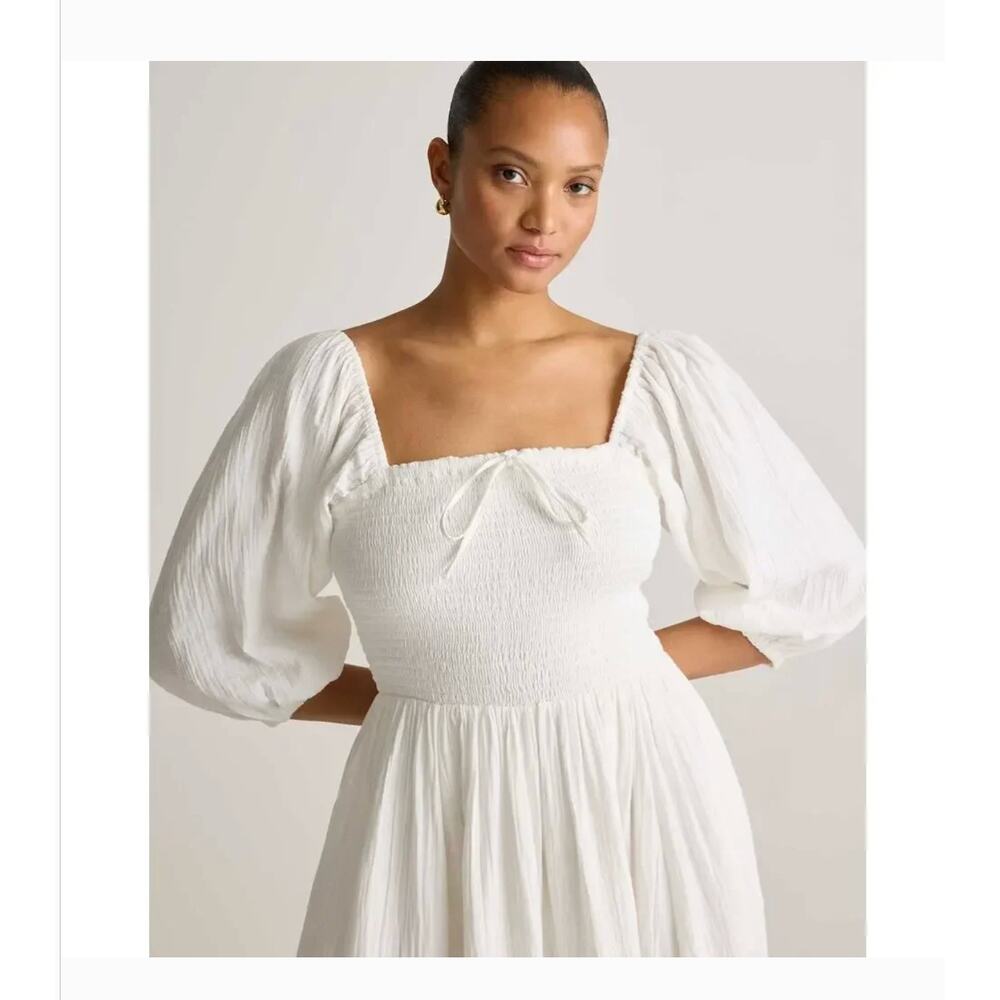 Quince Smocked Square Neck Midi Dress S NWT White 100% Organic Cotton Gauze - Picture 2 of 5
